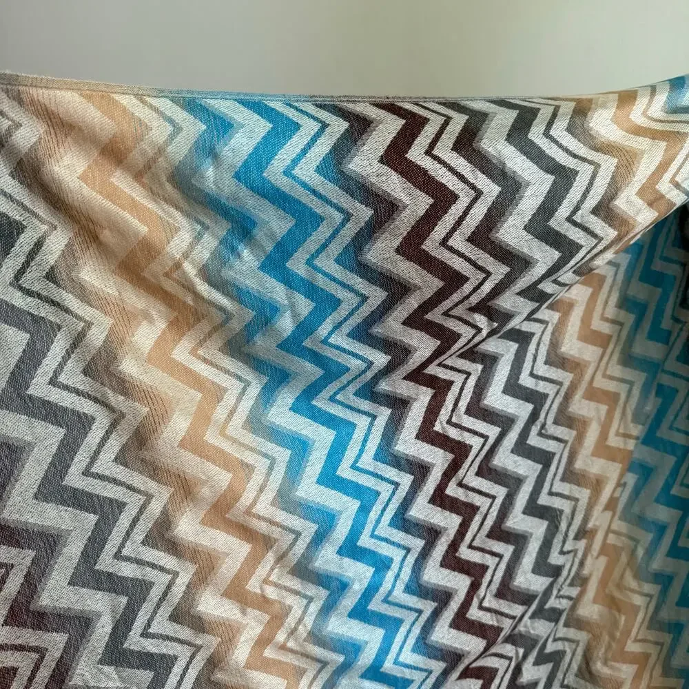 100% Pashmina Cashmere Chevron Blue Beige and Brown Scarf
